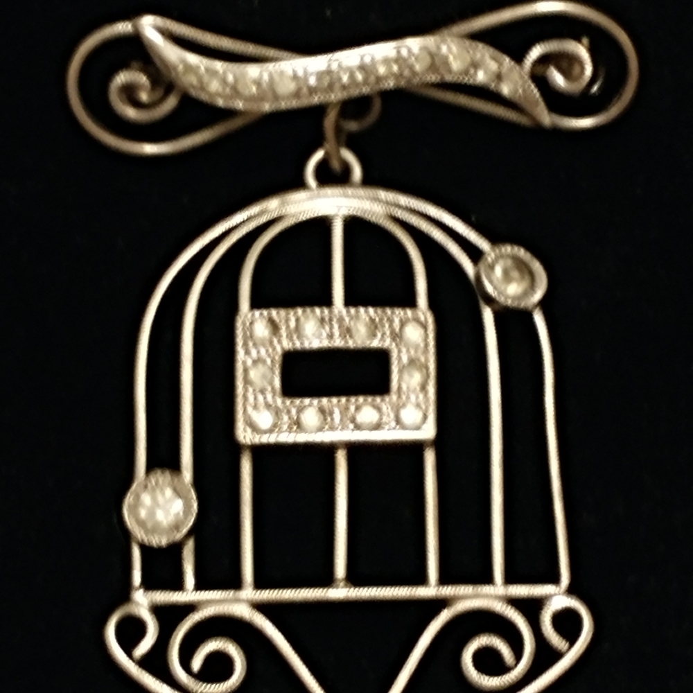 Sweet Sterling Rhinestone Bird Cage Brooch